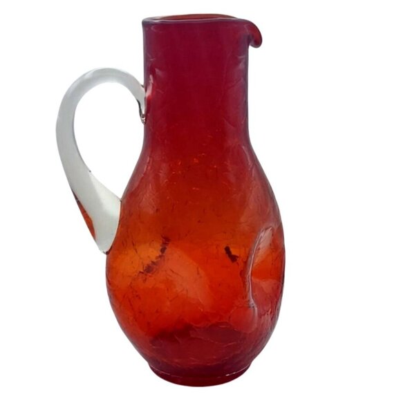 Vintage MCM Hand Blown Red Crackle Glass Pinched Pitcher Applied Clear Handle - Picture 2 of 11